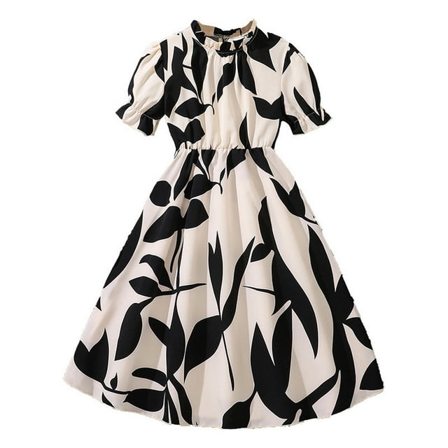 Odeerbi Niñas Verano Retro Vintage Vestidos Ruffle Vestido de Algodón Dulce Impresión Cuello Redondo Vestido de Manga Corta