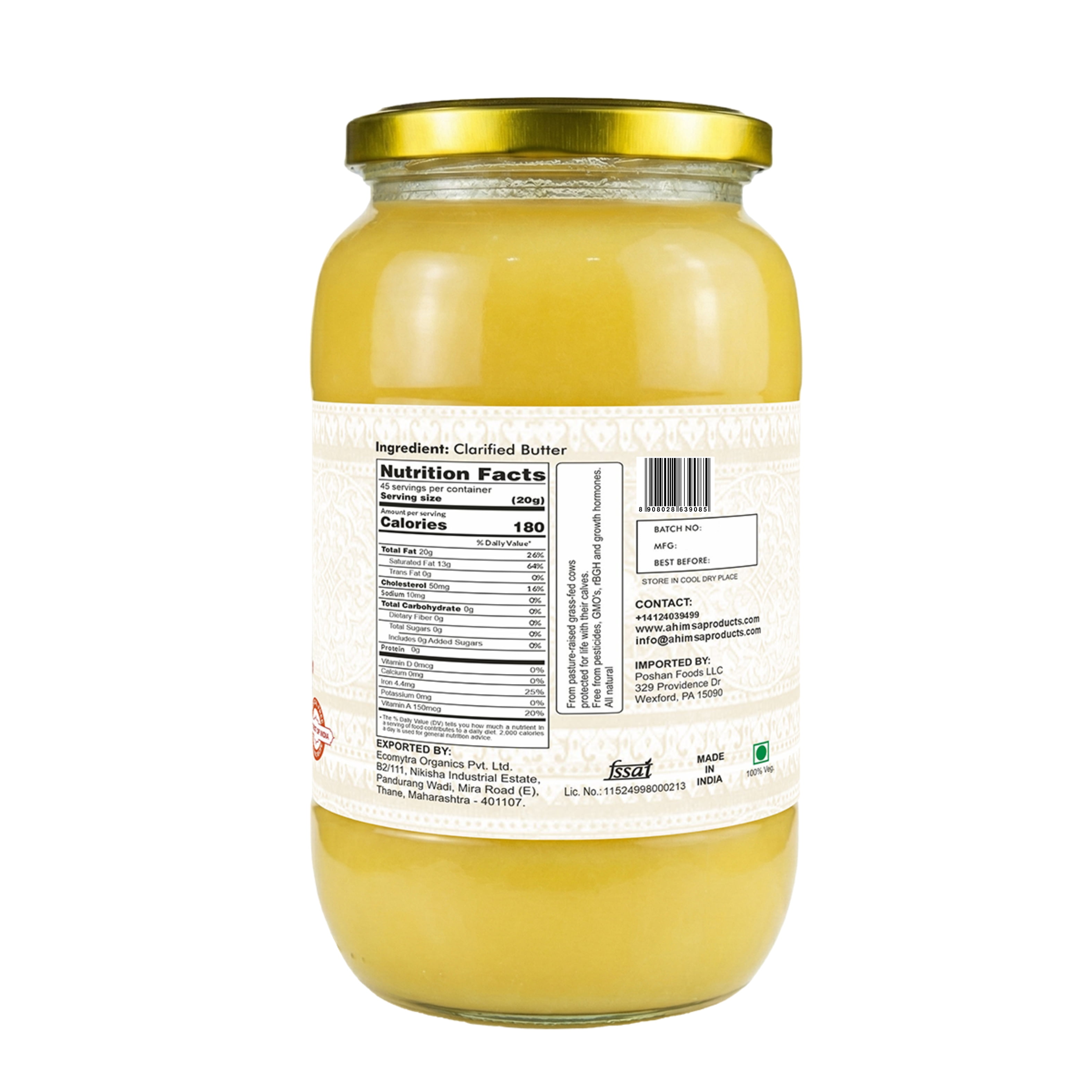 Ahimsa Ghee - Pure Indian Desi Cow Yogurt Based Cultured A2 Ghee - 32 oz (910 gm)