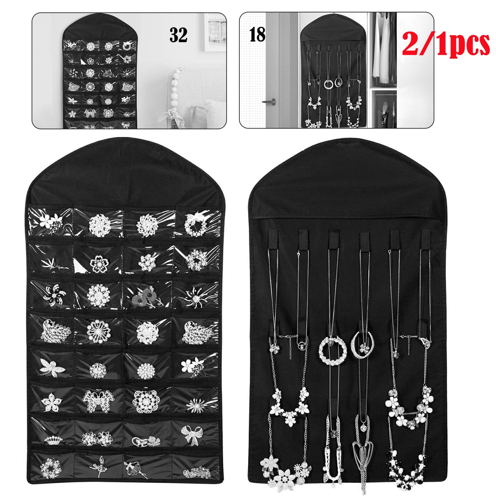 32 Pocket Jewelry Organizer Pouch Earring Ring Necklace Hanging Holder Case 