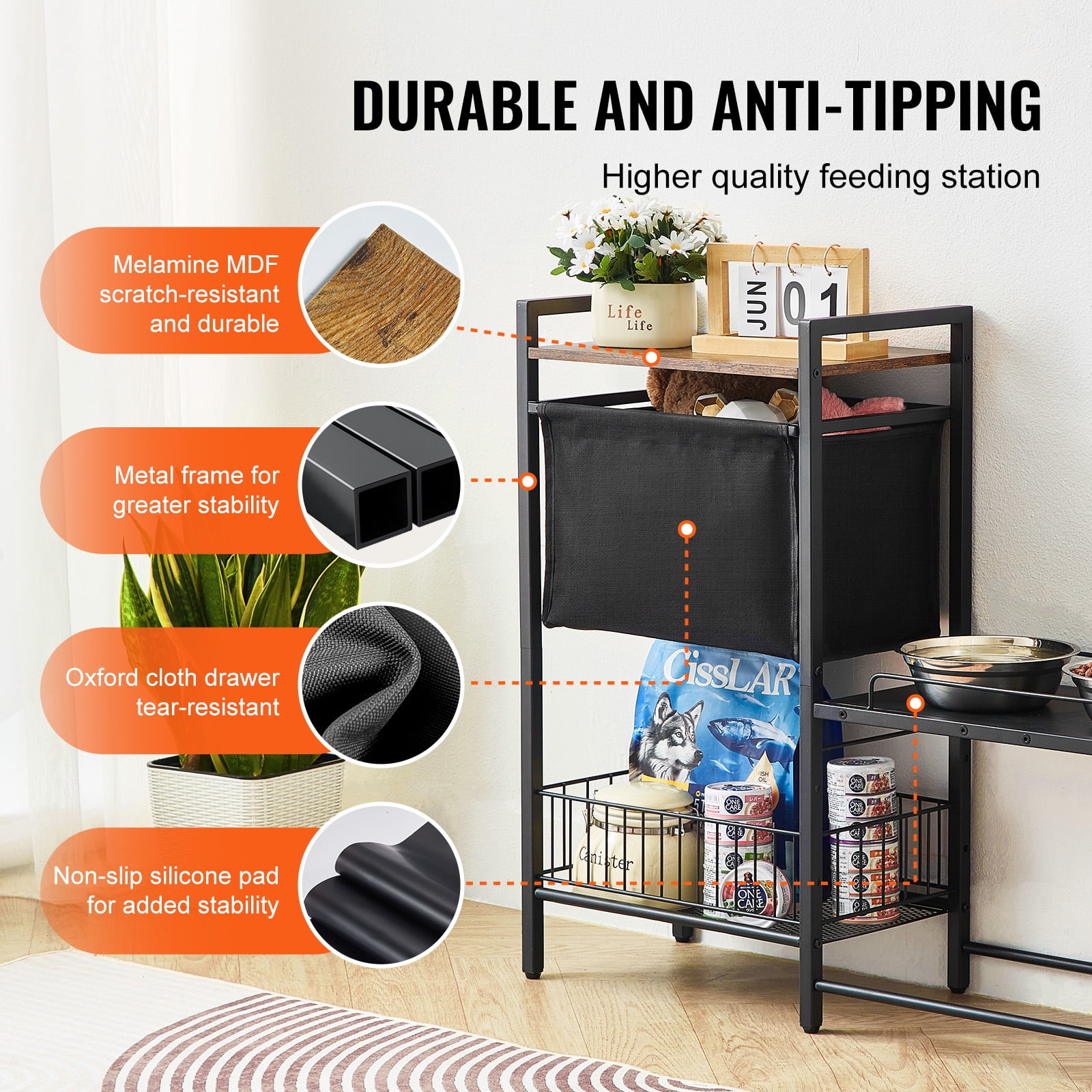 KFFKFF Canine Dining Area with Integrated Storage, Adjustable Height Dog Dishes, Pet Feeding Platform with Organizational Shelves, Convenient Storage for Pet Toys, Suitable for Dogs of All Sizes