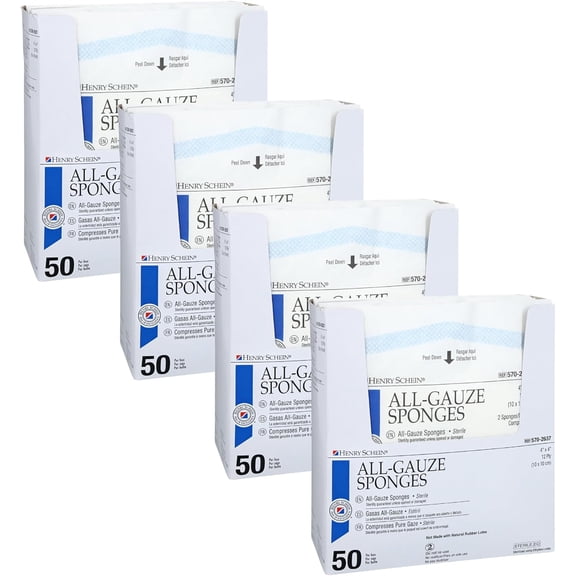 Premium 100% Cotton All-Gauze Sponge 4x4 12 Ply Sterile Square for Wound Care & Home First Aid Kits - 4 Packs (200 Total)