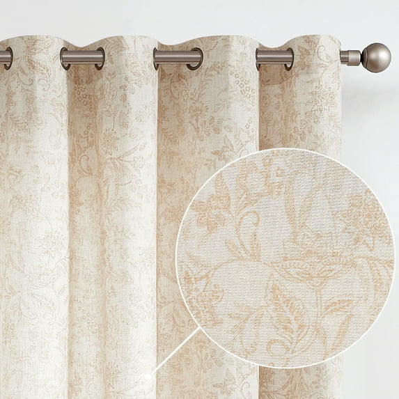 Lazzzy Farmhouse Linen Curtains for Living Room Floral Print Semi Sheer Window Curtains for Bedroom Grommet Top 2 Panels Taupe on Beige W50 x L63