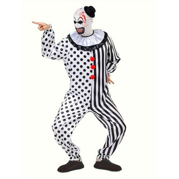 YZHENDEC Men's Black & White Spotted Clown Jumpsuit With Mask And Hat, Men's Halloween Party Attire