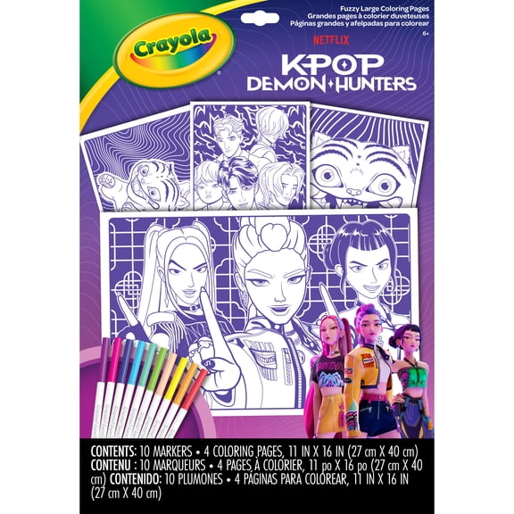 Crayola K Pop Demon Hunters Large Fuzzy Coloring Pages, 4 Poster Size Purple Fuzzy Sheets & 10 Super Tips Markers, Retro Arts & Crafts, Toys & Gifts for Kids, Ages 6 