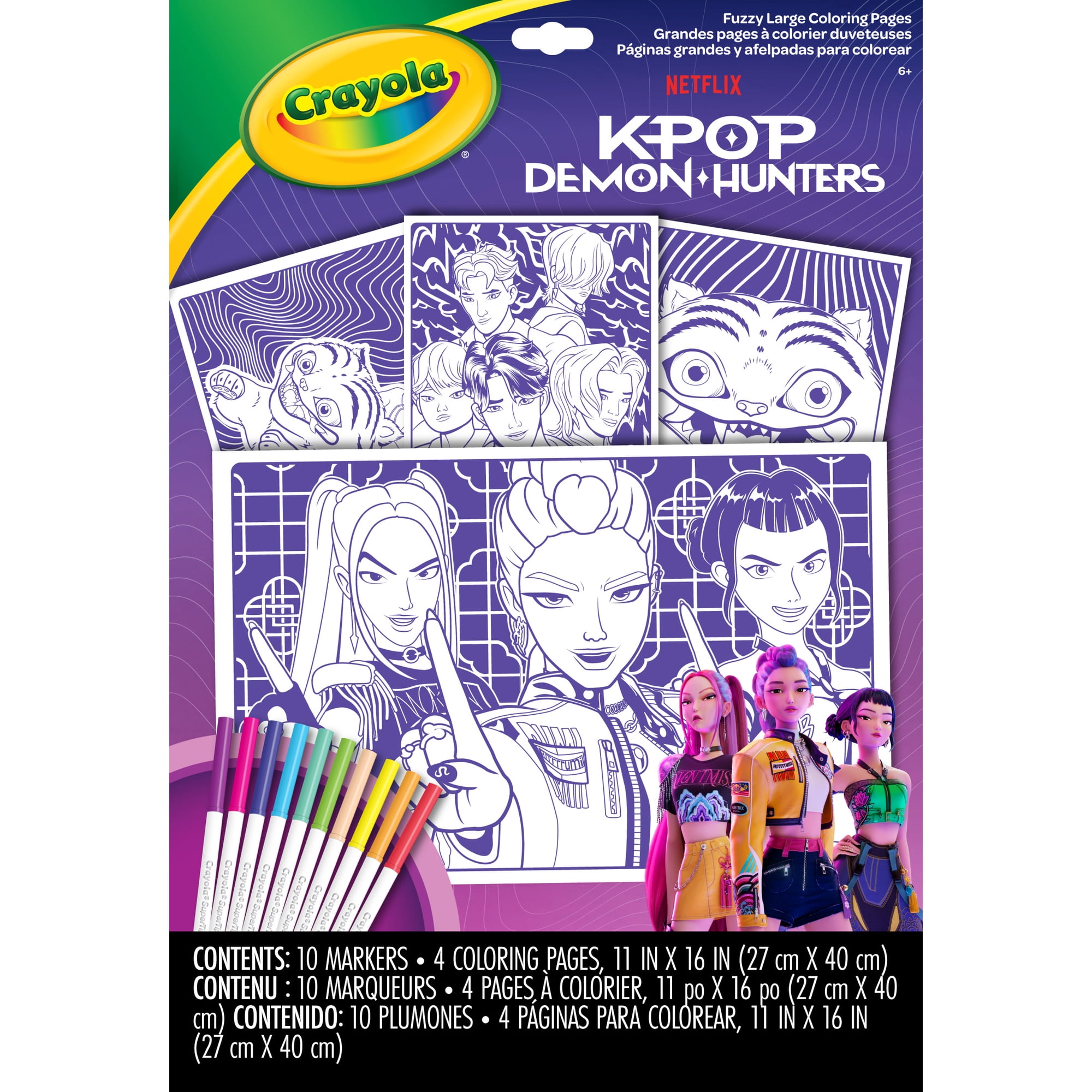Crayola K Pop Demon Hunters Large Fuzzy Coloring Pages, 4 Poster Size Purple Fuzzy Sheets & 10 Super Tips Markers, Retro Arts & Crafts, Toys & Gifts for Kids, Ages 6+