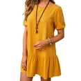 thumbnail image 4 of DYMADE Women Solid Color Round Neck Loose Waist Ruffled Edge Cotton Hemp Short Sleeved Dress, 4 of 5