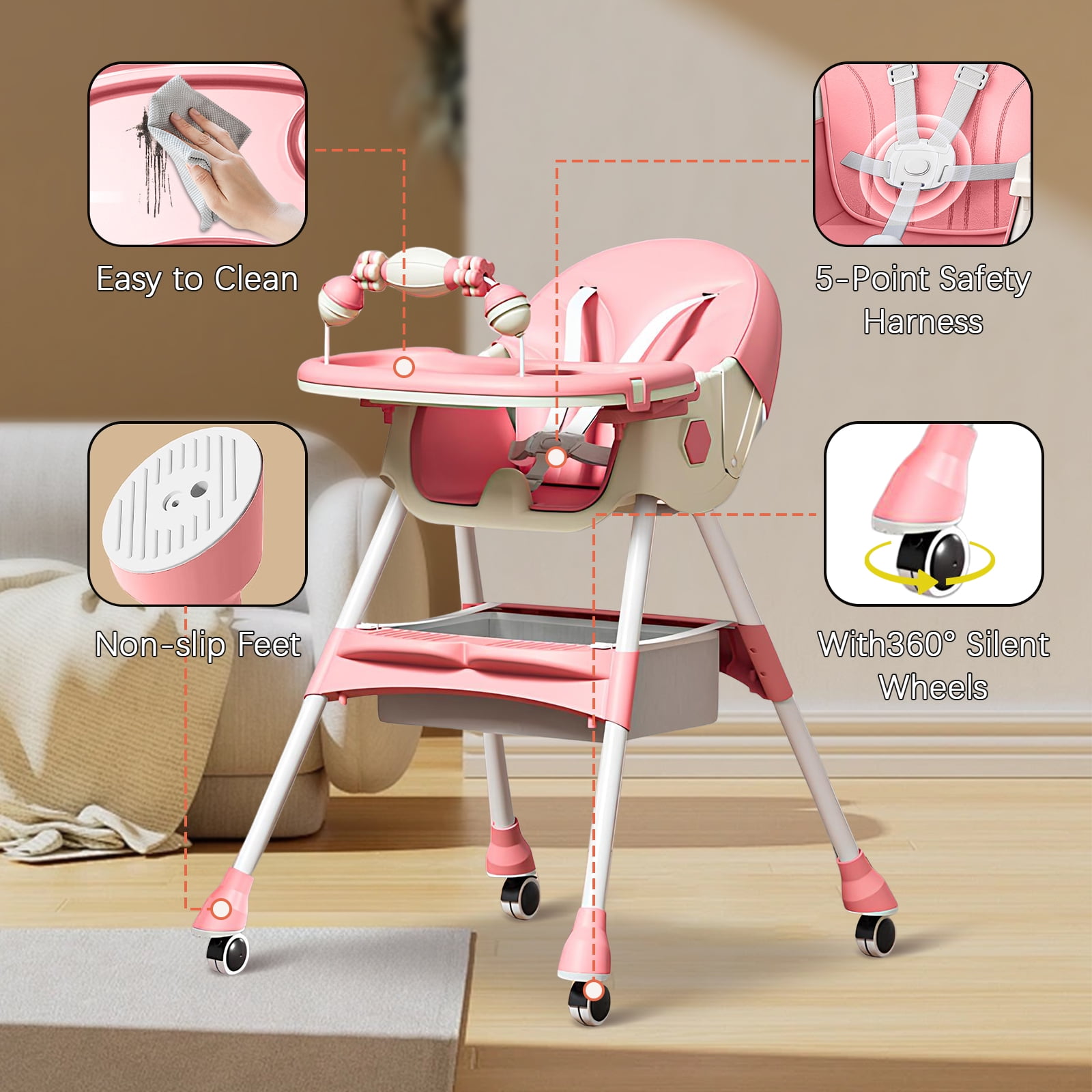 HAOUUCYIN 4-in-1 Baby High Chair, Portable Dining Chairs Eat & Play with Double-Layer Dinner Plate and Toy Rack, for 0-36 Months, Pink