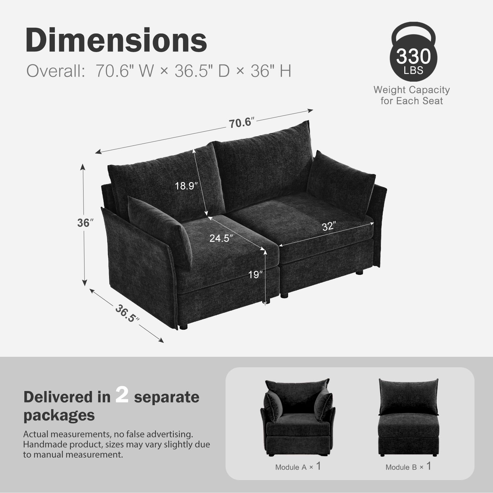 CDCASA Modern Loveseat Sofa, 2 Seater Chenille Sectional Sofa Couch with Deep Seat, Upholstered Couches for Living Room, Black