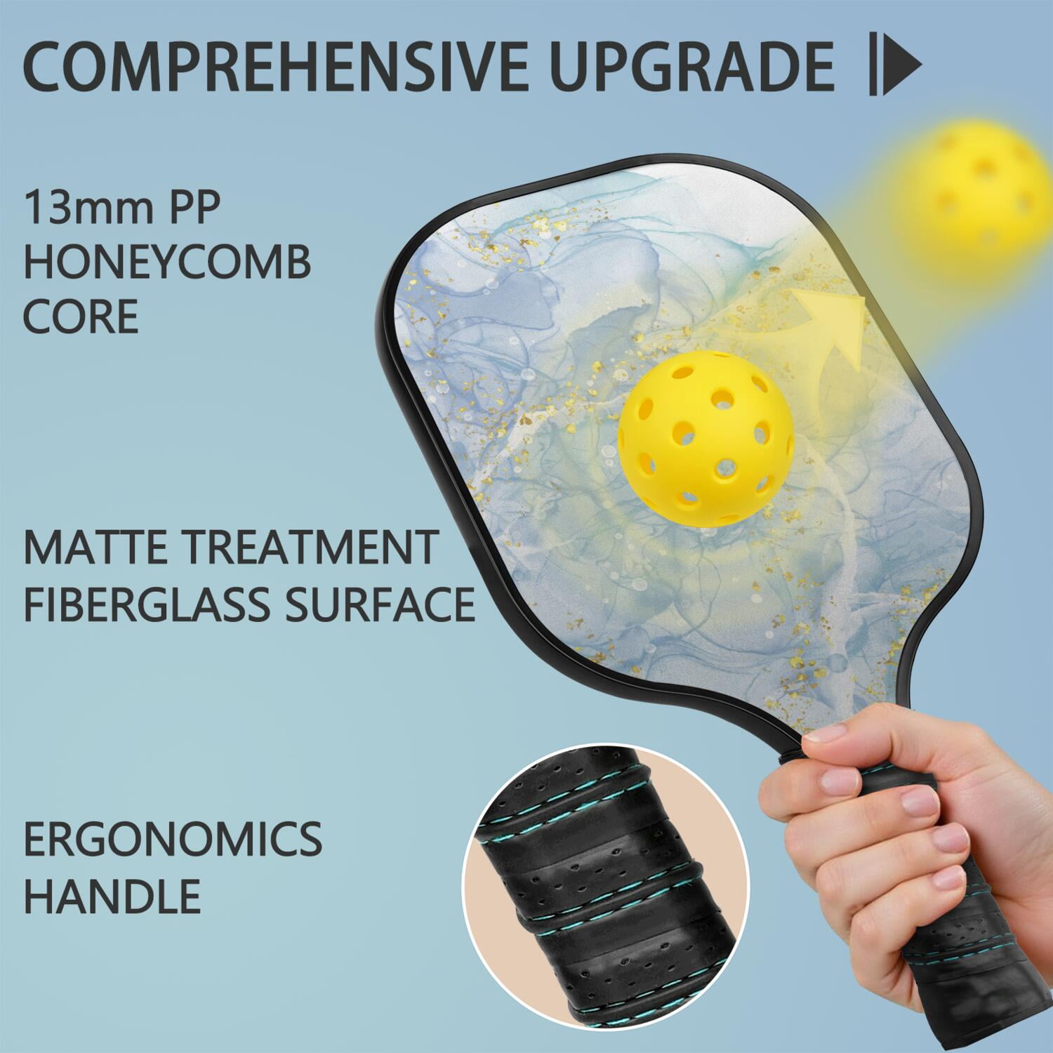 Pickleball Paddles Set Of 2, Fiberglass Surface, Turquoise Marble Pattern, 4 Balls & Bag