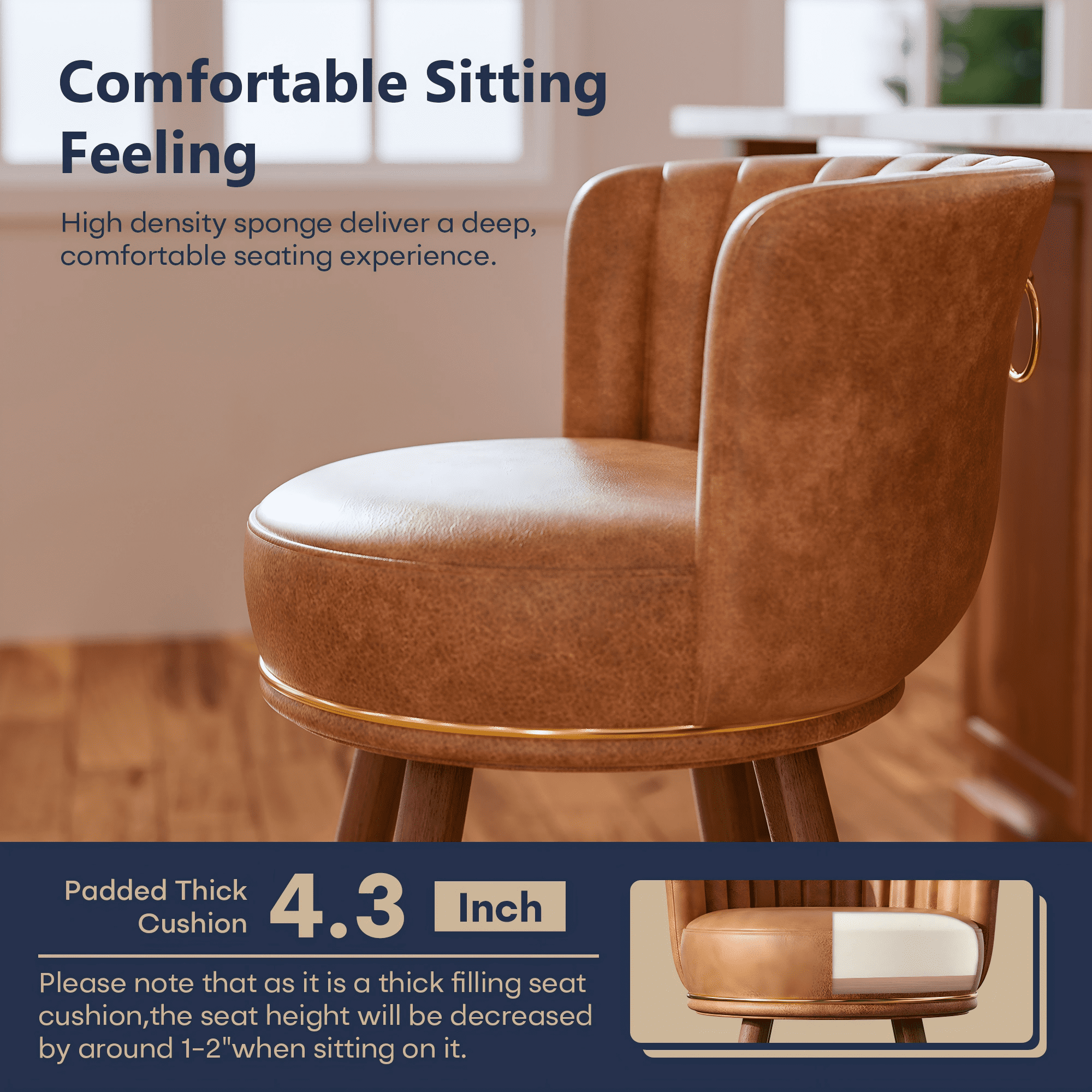 HomeZeer 26" Counter Height Bar Stools, Furniture Round Low Back Pedestal Bar Stool, PU Leather Swivel Bar Chair for Kitchen,Brown (Set of 4)