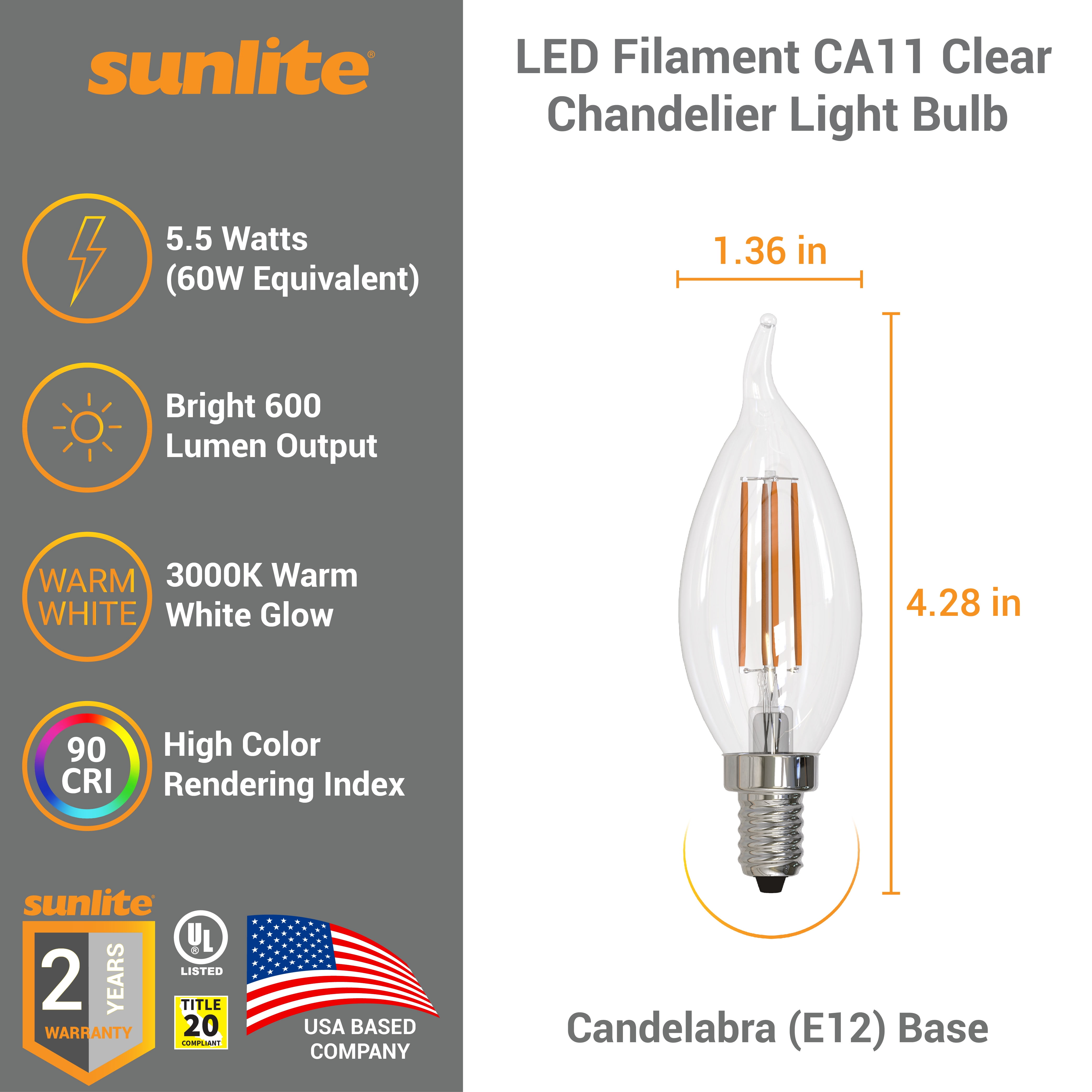 Sunlite LED Filament CA11 Flame Tip Chandelier Light Bulb, 5.5 Watts (60W=), 600 Lumens, Candelabra Base (E12), Edison Style, 90 CRI, Dimmable, UL Listed, 3000K Warm White, 6 Count