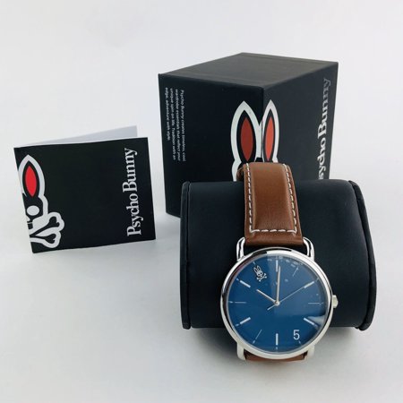 Psycho Bunny Men's Classic Brown Leather Band Blue Dial Quartz Watch (O1)