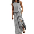 thumbnail image 2 of QLEICOM Women Summer Bohemian Solid Fork Opening Dress Casual Sleeveless Belt A-Line Maxi Dress Pleated Hem Swing Sun Dress Gray 4XL, US Size: 16, 2 of 4