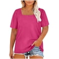 thumbnail image 3 of Womens Summer Tops Plus Size Solid Color T-Shirt Summer Casual Loose Women's Trendy Short Sleeves Squared Neck Pullover Lightweight Blouse Tops XL-5XL, 3 of 7