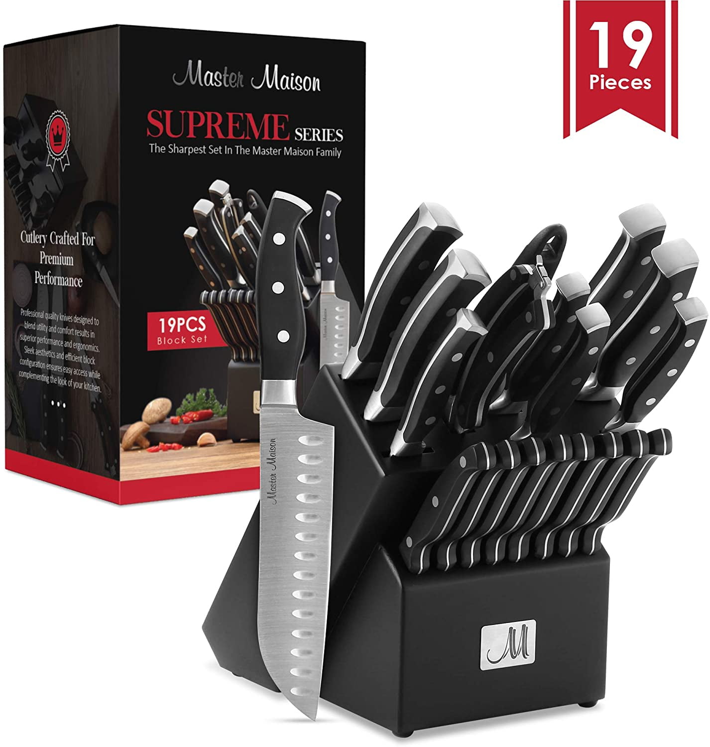 19 Piece Premium Kitchen Knife Set With Wooden Block Master Maison German Stainless Steel Cutlery With Knife Sharpener 8 Steak Knives Walmart Com Walmart Com