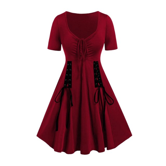 Red V Neck Lace for Women Summer Fall Short Sleeve Color Block Holiday Halloween Medieval Goth Pleated A Line Tie Knot Renaissance Basic Steampunk Dress Women 2025 XXL