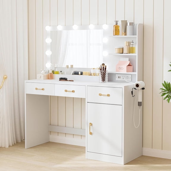 Makeup Vanity Table with Lighted Mirror, Large Vanity Desk with Storage Shelf and 3 Drawers and 1 Cabiniet, Bedroom Dressing Table, 11 LED Lights, White