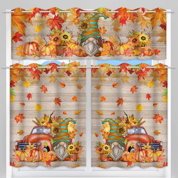 Fall Gnomes Kitchen Curtains Tiers and Valances Set of 3 - Farmhouse Truck and Pumpkins Harvest Window Curtains 36 Inch Length - Thanksgiving Decorations for Home