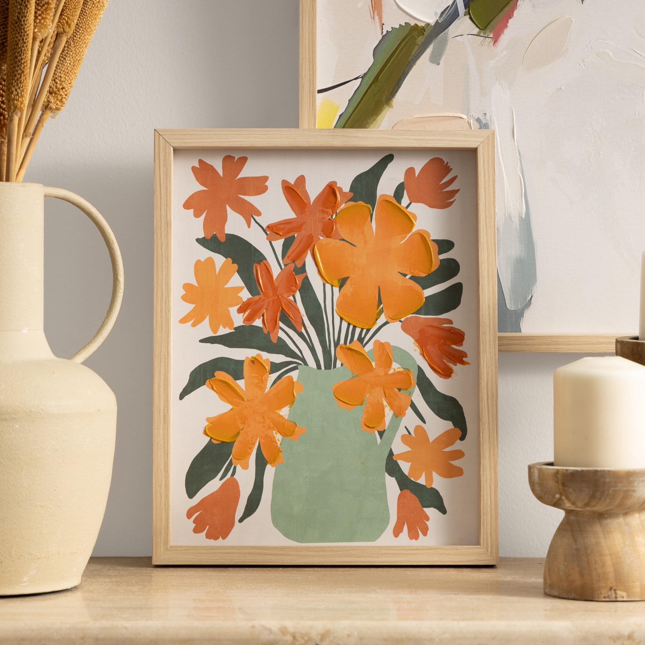 14" x 11" Floral Framed Wall Art with Green Leaves and Vase, by DecMode
