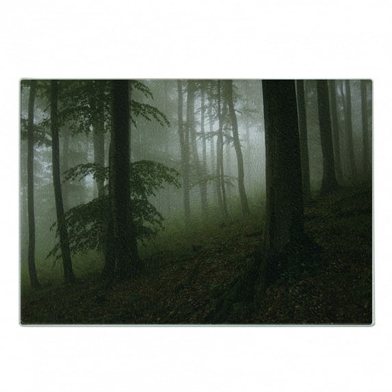 Forest Cutting Board, Mysterious Woods Fog Wilderness Rural Untouched Vegetation Transylvania, Decorative Tempered Glass Cutting and Serving Board, Small Size, White Green Brown, by Ambesonne