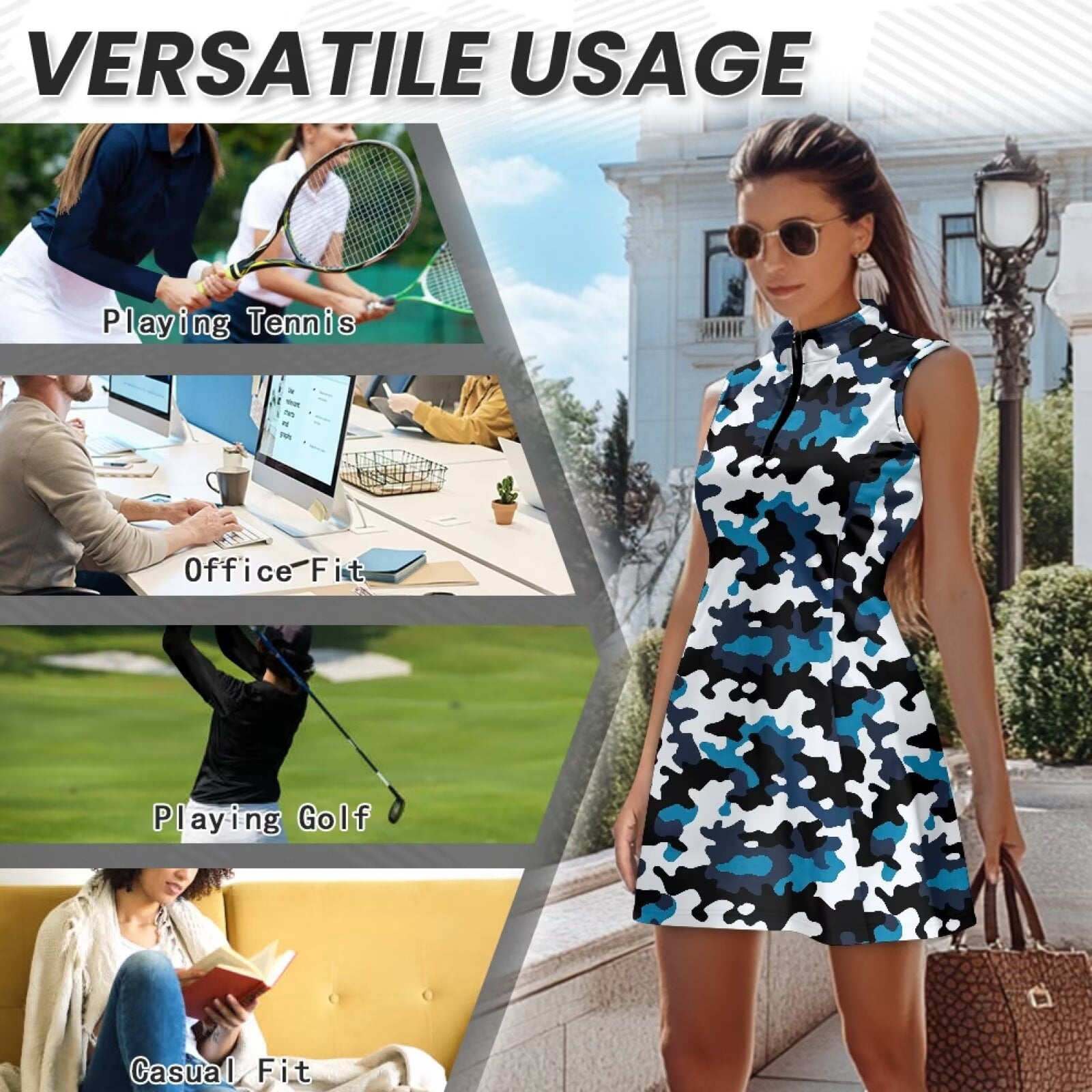 Yuyamidu Blue Camouflage Womens Workout Golf Dress with Shorts Pockets Golf Outfit Trendy Tennis Dress Sleeveless Womens Athletic Clothing Sets Size 2XL