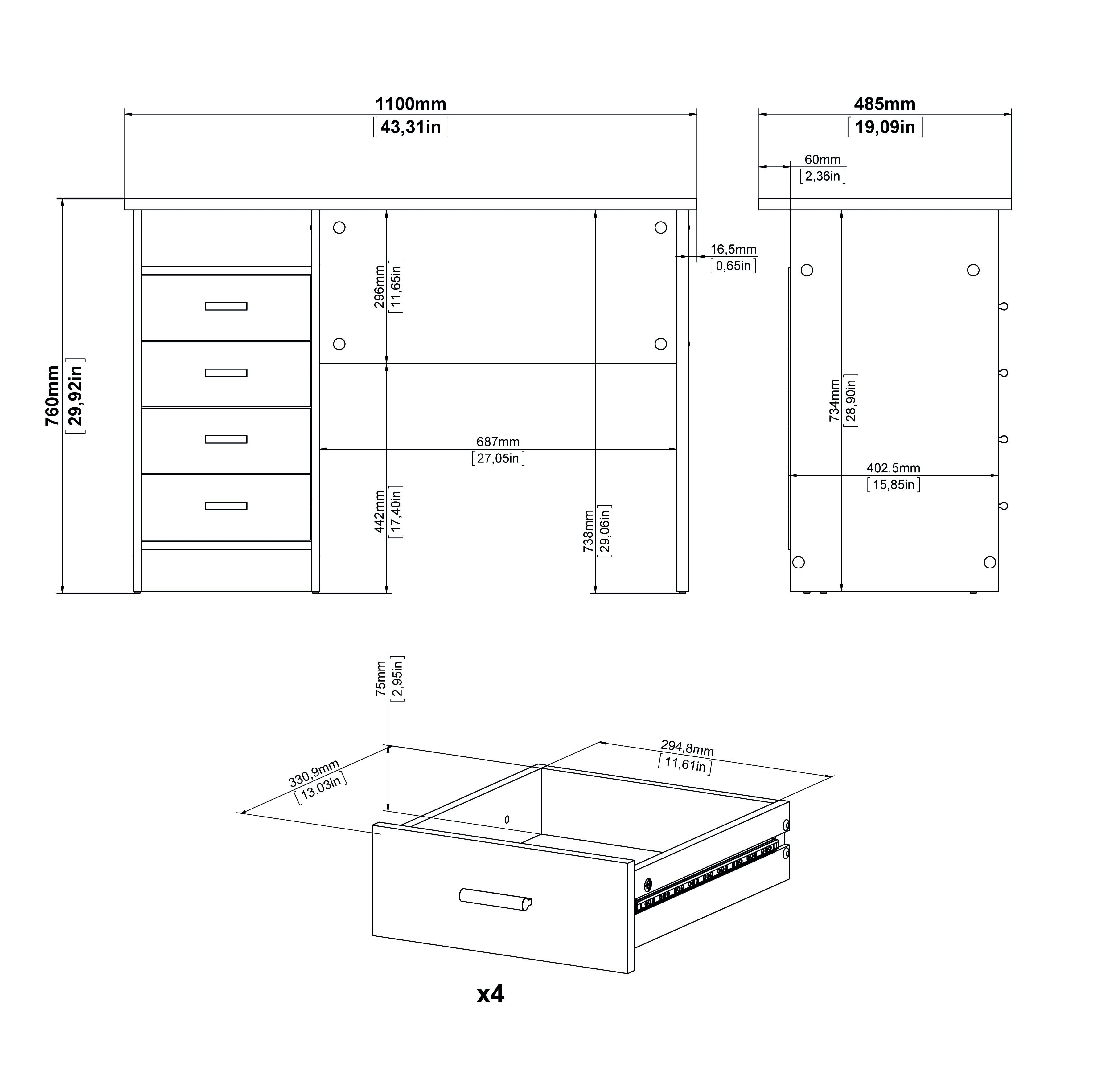 Tvilum Warner 4 Drawer Office Desk with 1 Shelf for Adults, Black Woodgrain