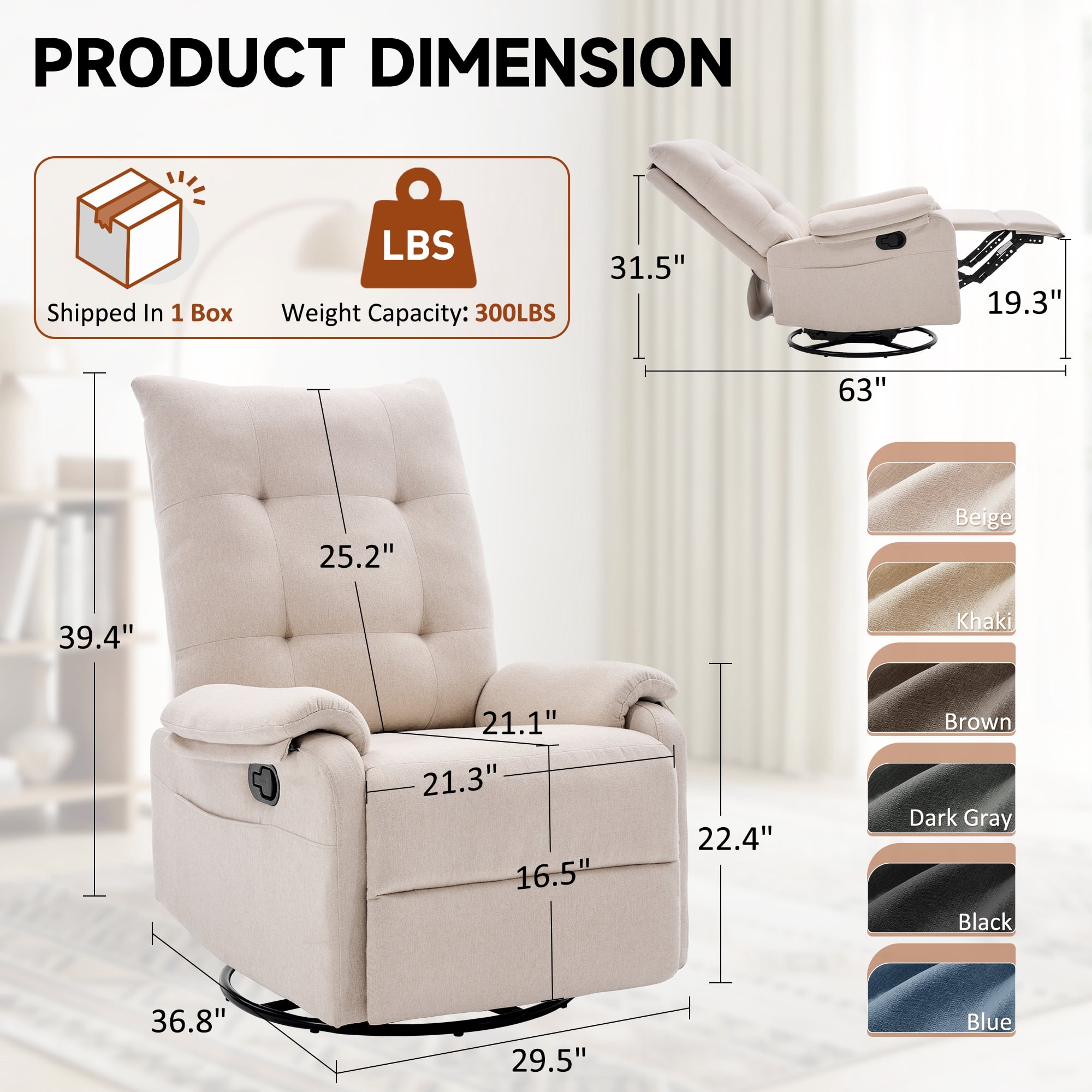 GEEYOO 360°Swivel Rocker Recliner Chair for Adults with Side Pockets,Small Recliner Chair for Small Spaces,Modern Swivel Glider Recliner for Living Room,Linen,Beige