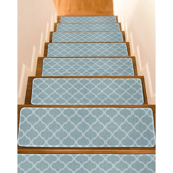 Light Blue Plaid Non-Slip Stair Treads for Wooden Steps, 10 Pack 8x30 Inches Carpet Stair Mats with Adhesive Backing, Noise-Reducing Step Covers for Indoor Stairs, Easy to Install & Residue-Free