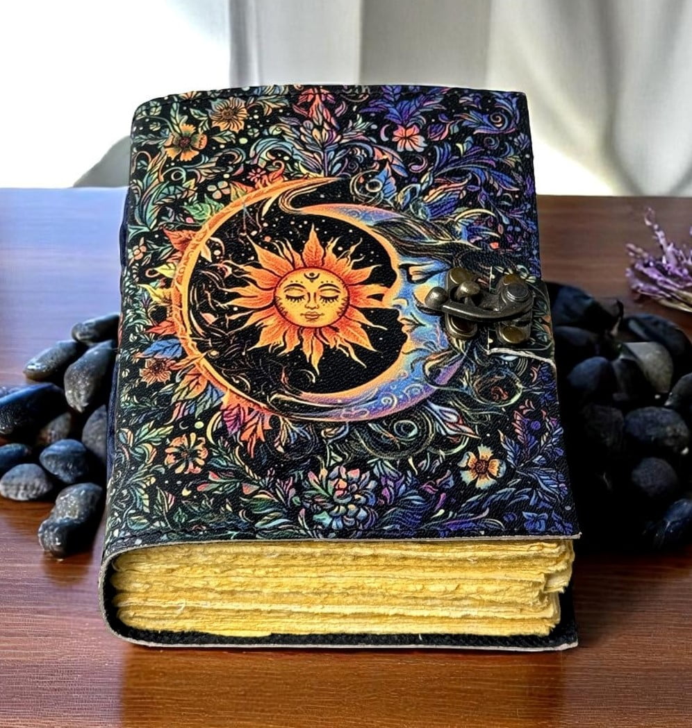 Sun & Moon Vintage Leather Journal for Men & Women 200 Pages of Antique Handmade Deckle Edge Vintage Paper, Leather Sketchbook, Drawing Journal, Printed Sun and Moon Journal , Great Gift (7 x 5 Inch)