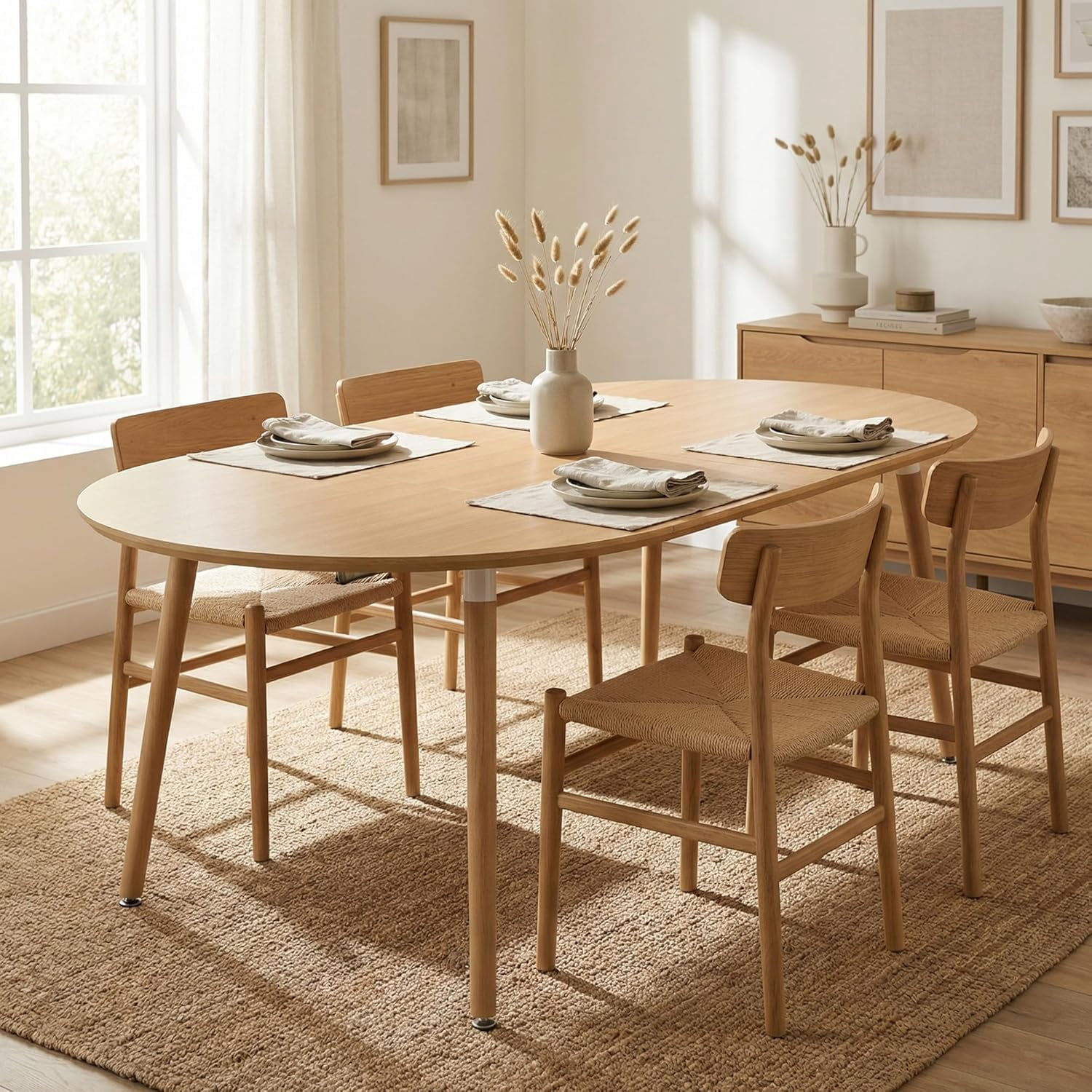 Lecut Expandable Dining Table, 39.3" Round Table to 70.8" Oval Dining Table, Wooden Farmhouse Kitchen Table with MDF Top, 4-8 Person Oak Dining Table for Home, Office