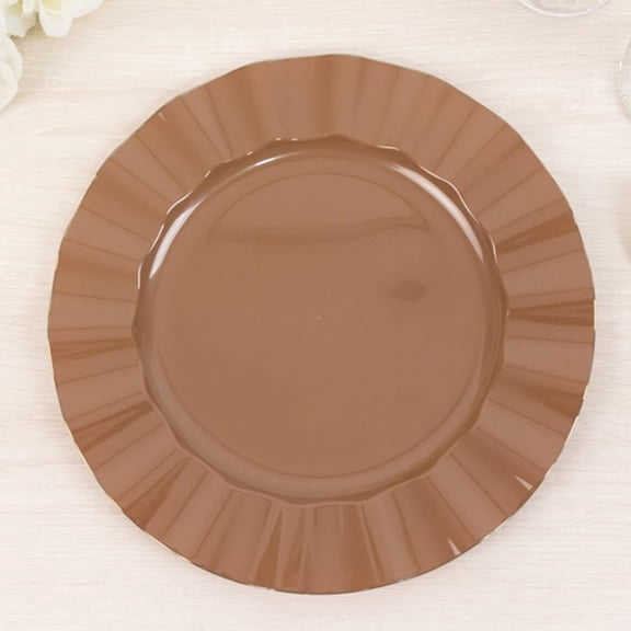 11" Dinner Plates -Set of 30 - Plastic Coffee Brown Round Disposable Chargers With Gold Ruffled Rim, Ideal for Dinner Party Wedding Bulk Events