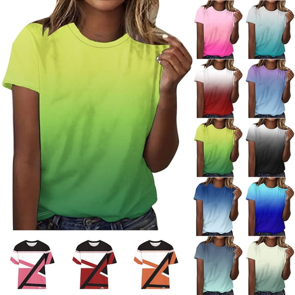 DailkTrvid Summer Basic T-Shirt for Women Geometric Color Block Blouses Crew Neck Short Sleeve Tops Trendy Fashion Loose Fit Tee