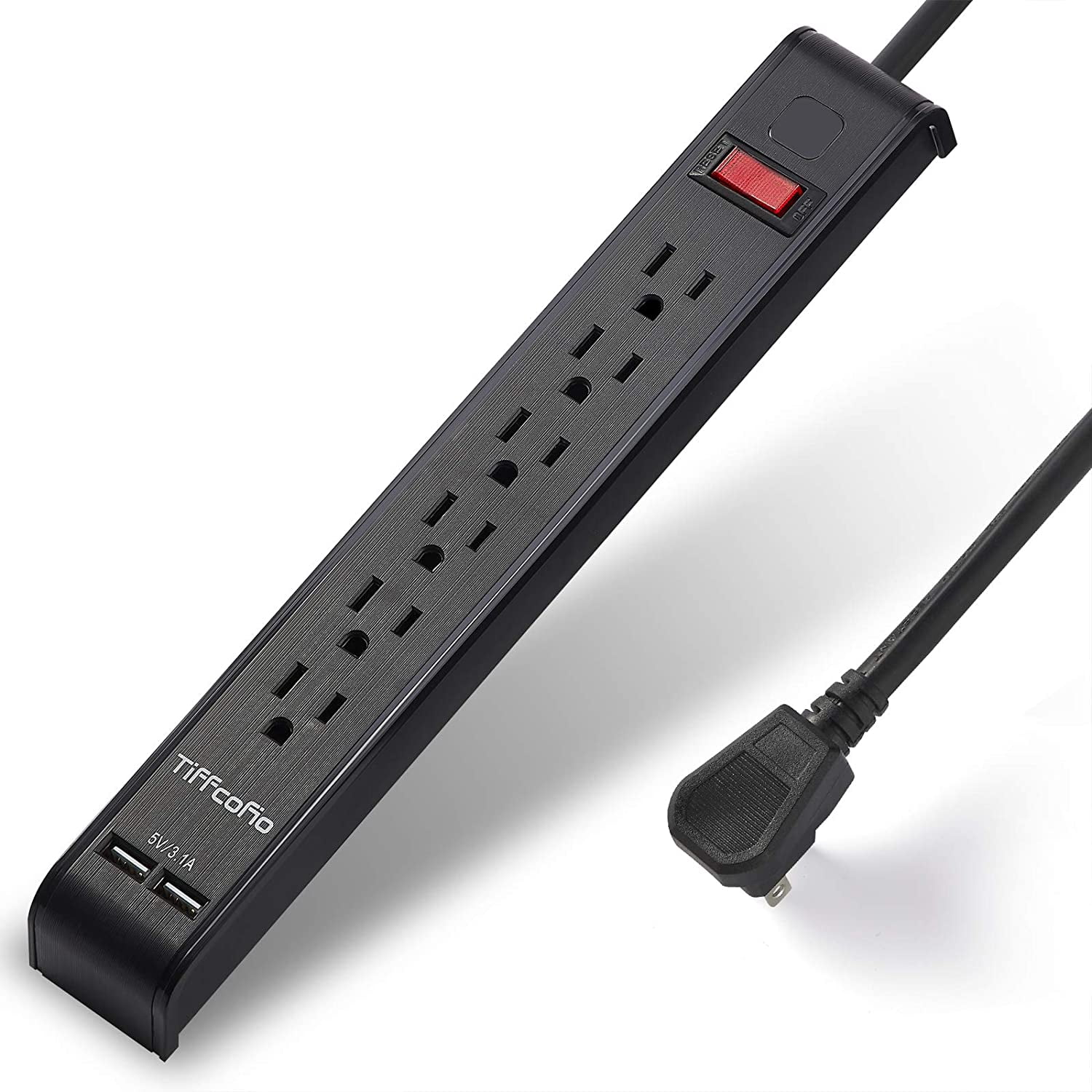 TiFFCOFiO Surge Protector Power Strip - 6 Outlets, 2 USB Ports, 1000J, Flat Plug, 1.8m Cable