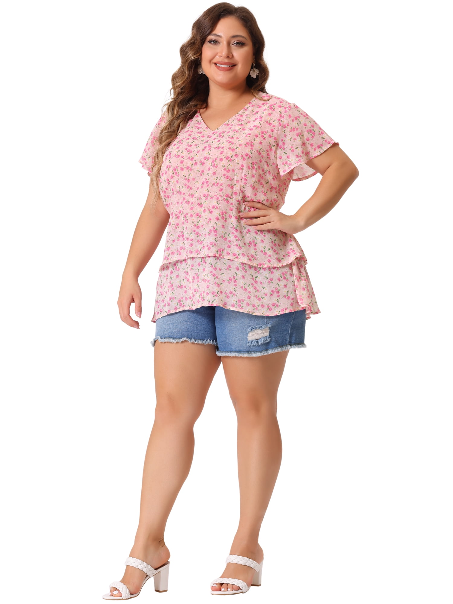 DARING DIVA Women's Plus V Neck Short Sleeve Casual Floral Blouse 3X Pink
