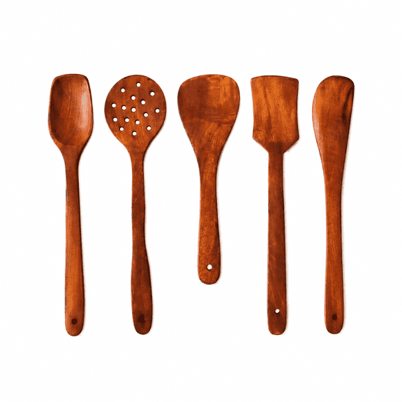Handcrafted Sheesham Wooden Cooking and Serving Spoon Set of 5-Pcs, Natural Premium Rosewood Kitchen Utensils for Nonstick Pots and Pans