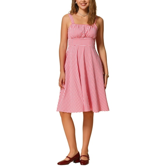 INSPIRE CHIC Women's Sleeveless Vintage Dress Plaid Gingham Ruched A-Line Flowy Midi Dresses XS Red