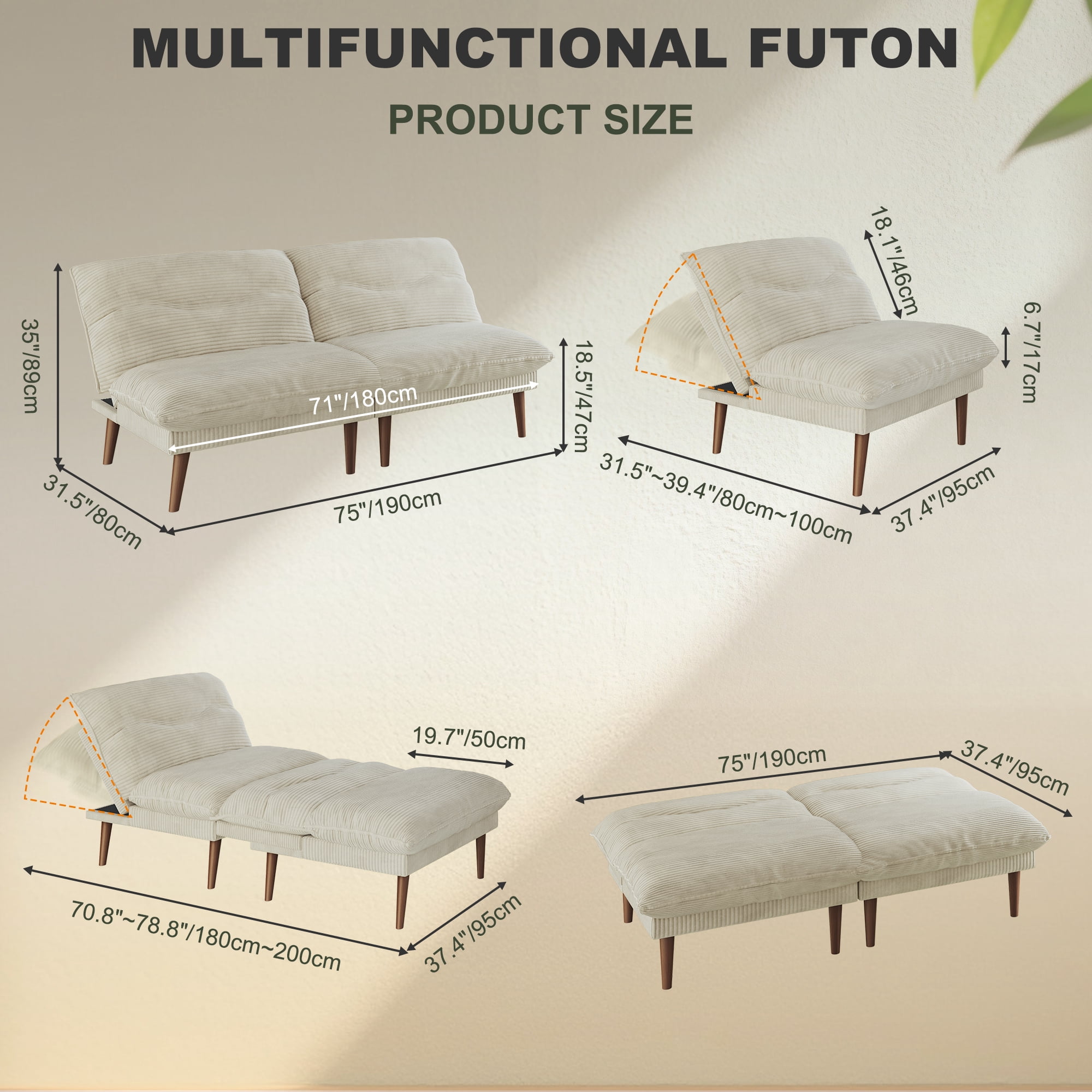 LLappuil 75" Futon Convertible Sofa Bed, Corduroy Loveseat Sleeper Sofa Couch for Living Room Beige