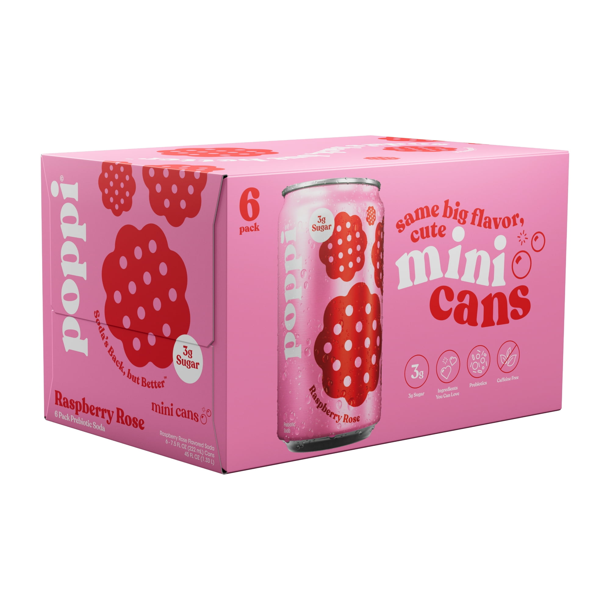 poppi Raspberry Rose Prebiotic Soda Mini Can, 7.5 fl oz Can, 6 Pack, Cans
