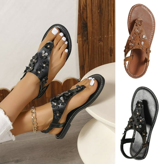 Jacenvly 2024 New Glamorous Outdoors T-Strap Flat Sandals Women Flower Decor Toe Post Thong Sandals Black Sandals for Women Clearance