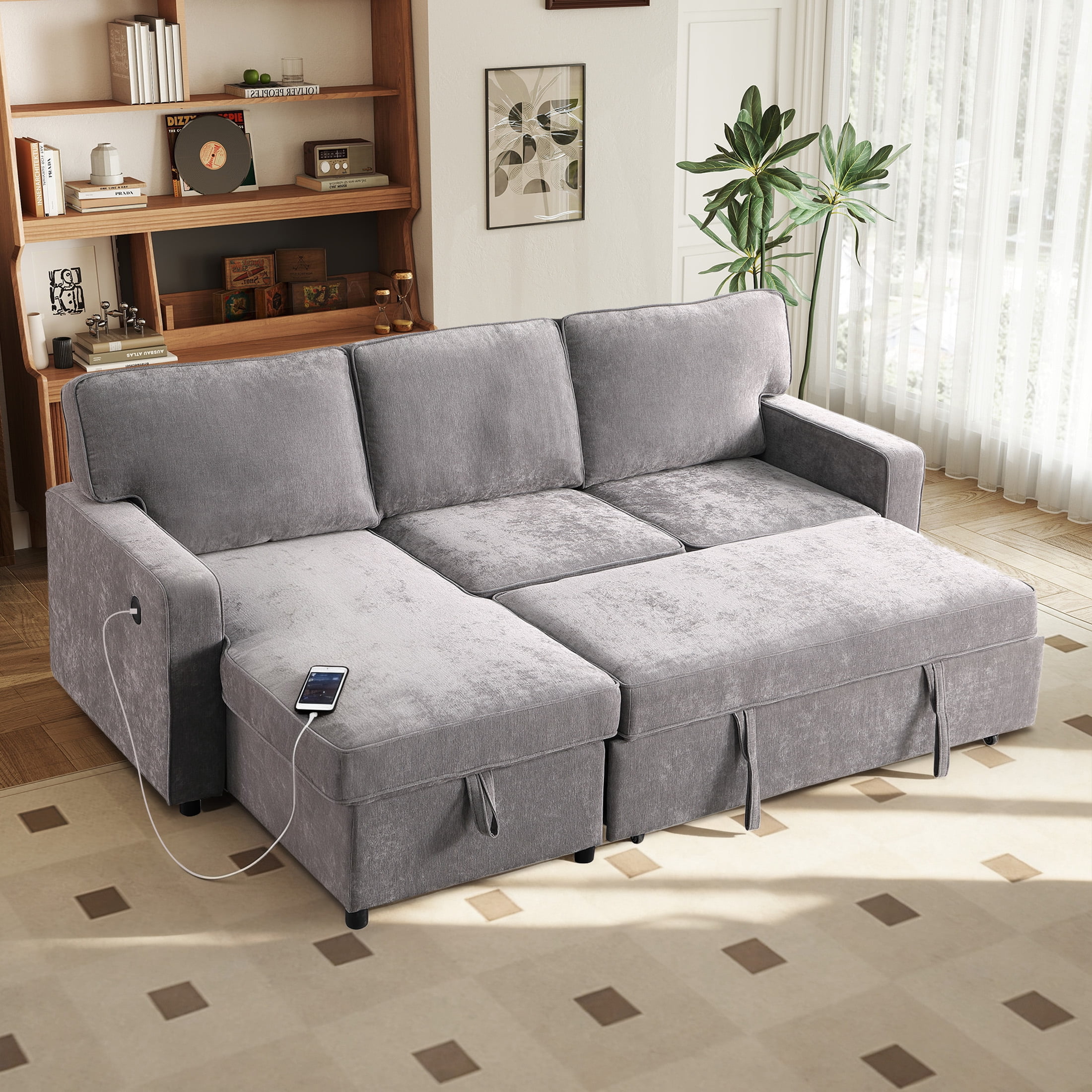 Aukfa Chenille Pull Out Sofa Bed, Reversible Sectional Couch with Storage Chaise, USB/Type-C, Beige