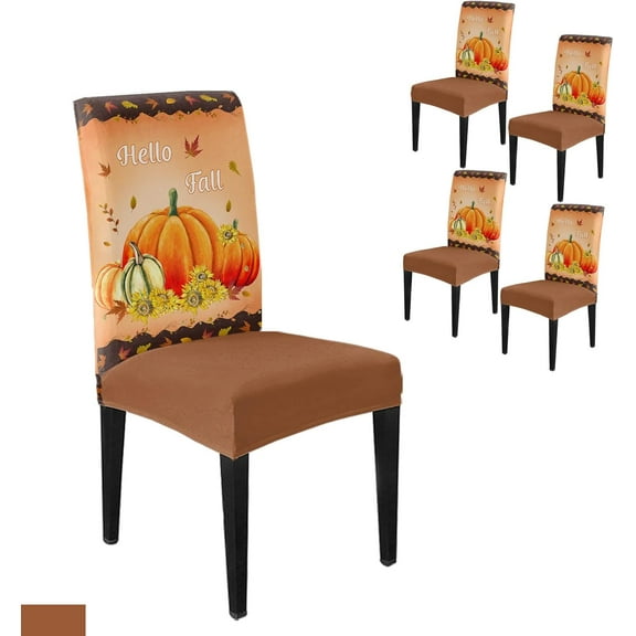 Dining Chair Slipcover, Hello Fall Thanksgiving Watercolor Pumpkin Maple Leaves Orange Stretch Kitchen Chair Covers Removable Parsons Chair Protector Covers for Dining Room Banquet Party, Set of 6