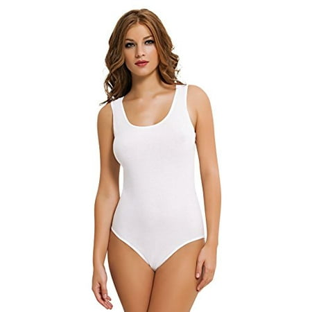 

NBB Womens Sexy Basic Sleeveless Low Neck Bodysuit Lingerie with Stretch Size Medium White