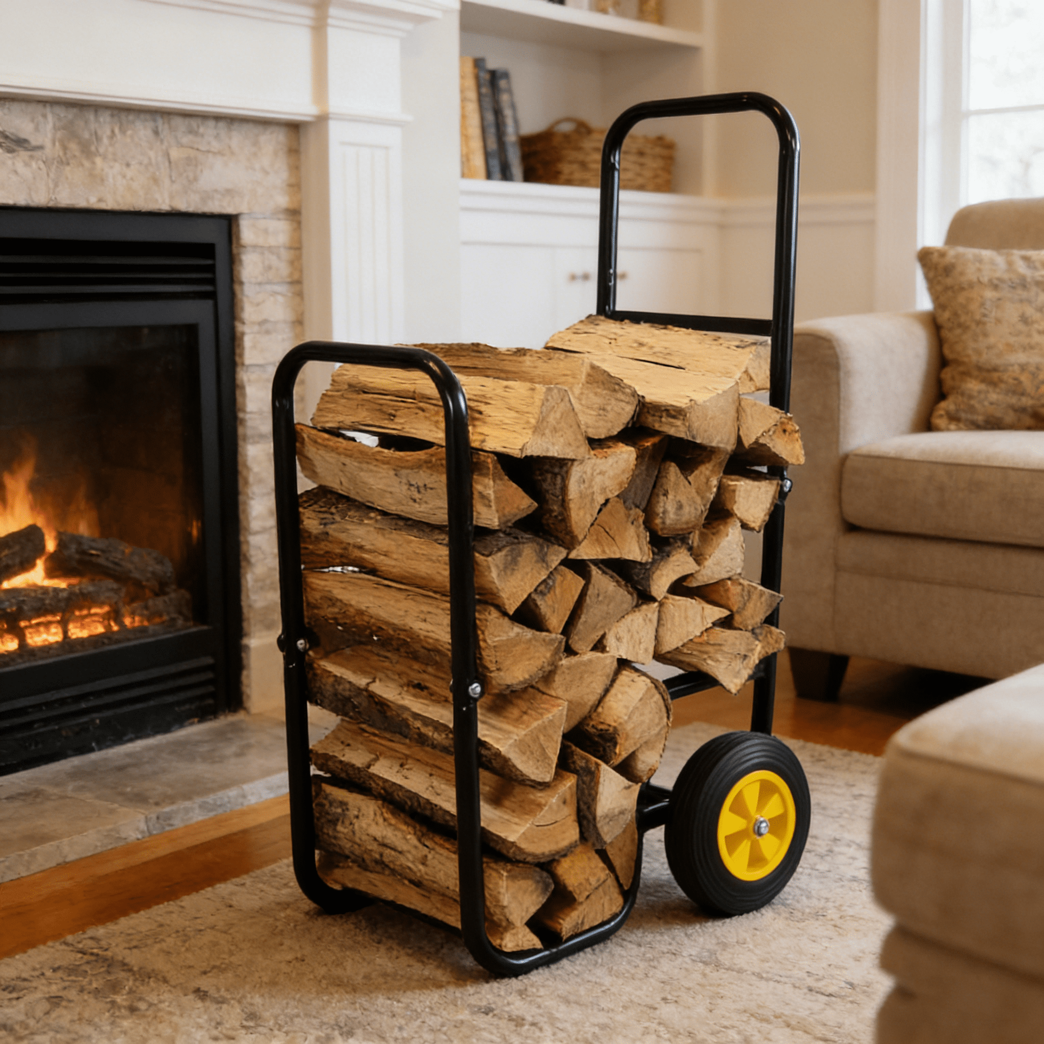 Dolly, Firewood Log Cart Carrier - Outdoor or Indoor Black Steel Wood Rack Storage Mover - Rolling Wheeled Metal Dolly Hauler - Wood Moving Equipment, Black Hand Truck,Iron Furniture Dolly
