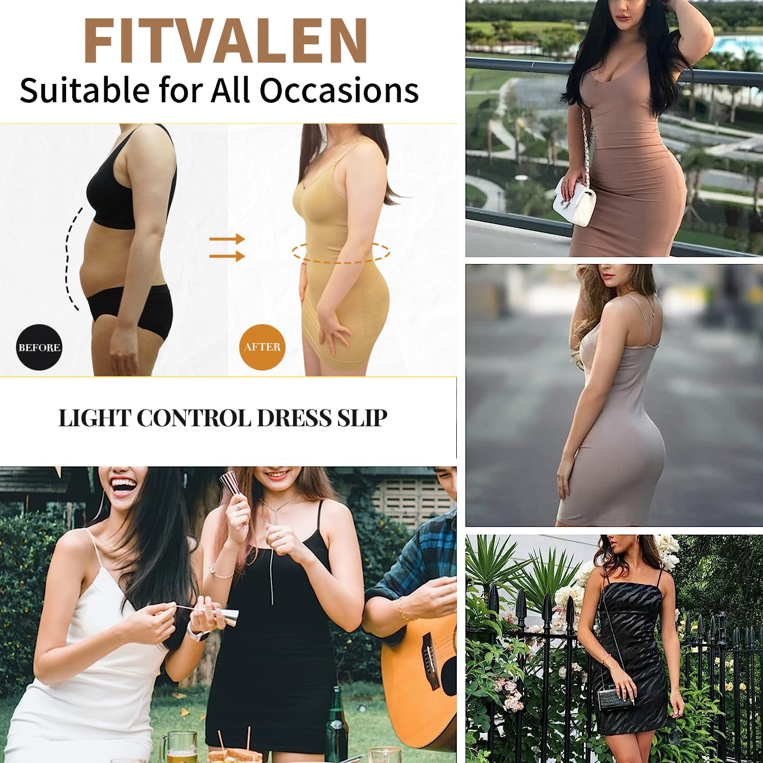 FITVALEN Full Slips for Women Under Dresses Tummy Control Dress Slip  Shapewear Seamless Body Shaper Cami
