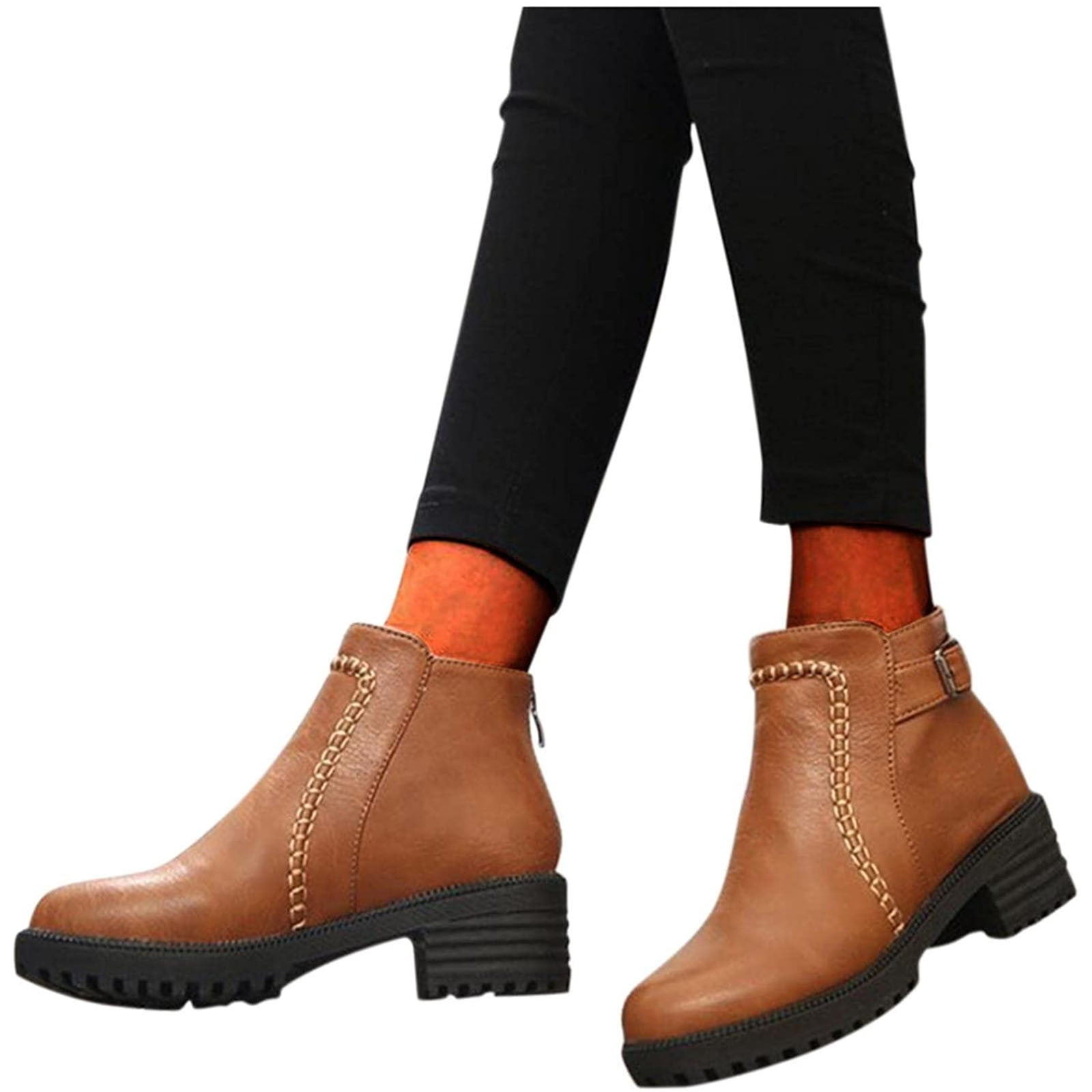 Bottines Femme Talon Bas Style Western - Confort Pieds Larges, Fermeture éclair, Semelle Antidérapante - 8