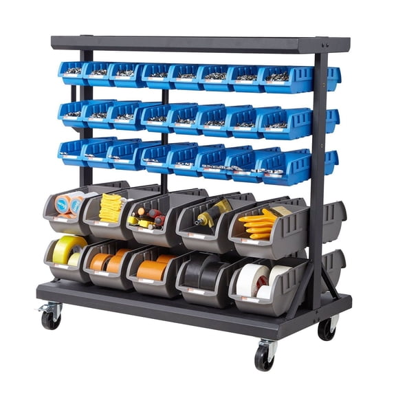 Rolling Bin Storage Rack, 68 Bins - Double Sided Parts Organizer with Wheels, 5-Tier Mobile Tool Storage for Garage, Warehouse, Office, Classroom