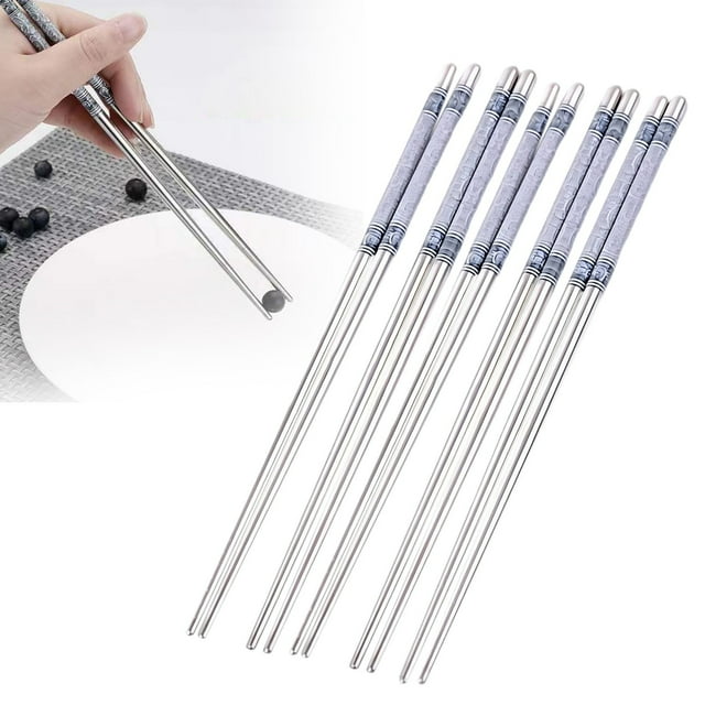 ZTTD 5 Pairs Stick Porcelain Pattern Anti Stylish Stainless Steel Chopsticks - Reusable Metal Chopsticks Dishwasher Safe, Chinese Chop sticks Set, Non-Slip Stainless Chop sticks