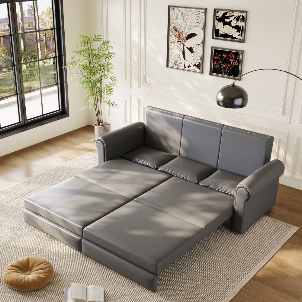 Chesterfield Sofa,93.7" King Pull Out Sofa Bed,3-in-1 Faux Leather Convertible Sleeper Sofa with Nailhead Trim & Rolled Arm,Multi-Functional Sofa Bed for Living Room,Bedroom, Grey
