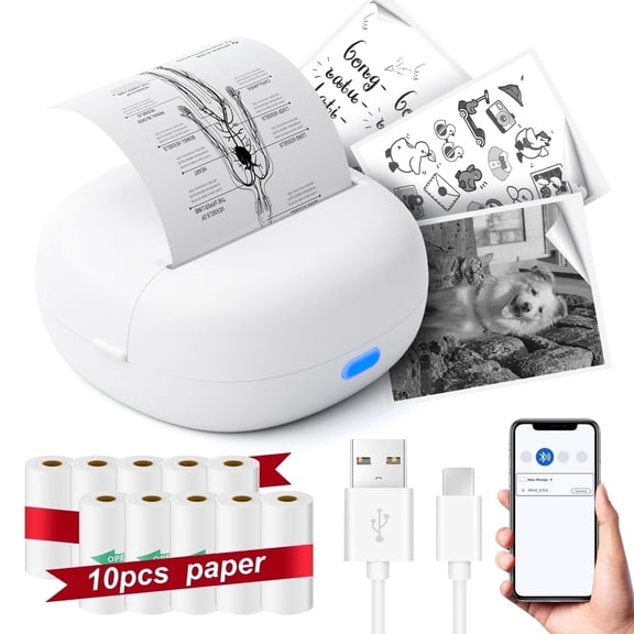 YDLW Mini Portable Thermal Label Printer with 10 Rolls Sticker Paper,Portable Receipt & Label Printer, Bluetooth Connectivity, USB Charging