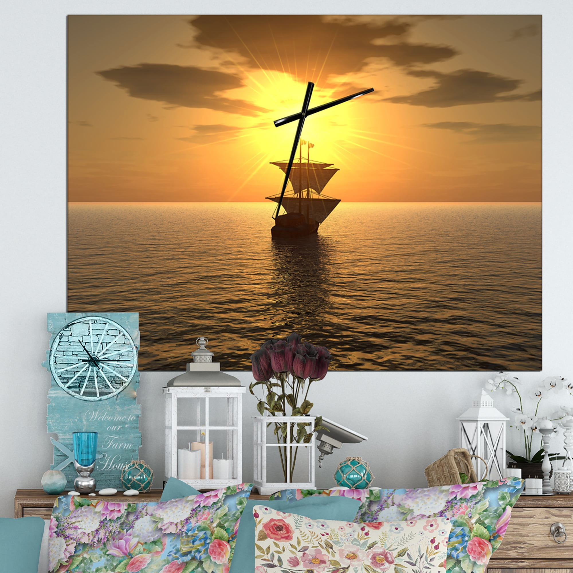 Designart 'Ship and Sunset' Modern Wall Clock